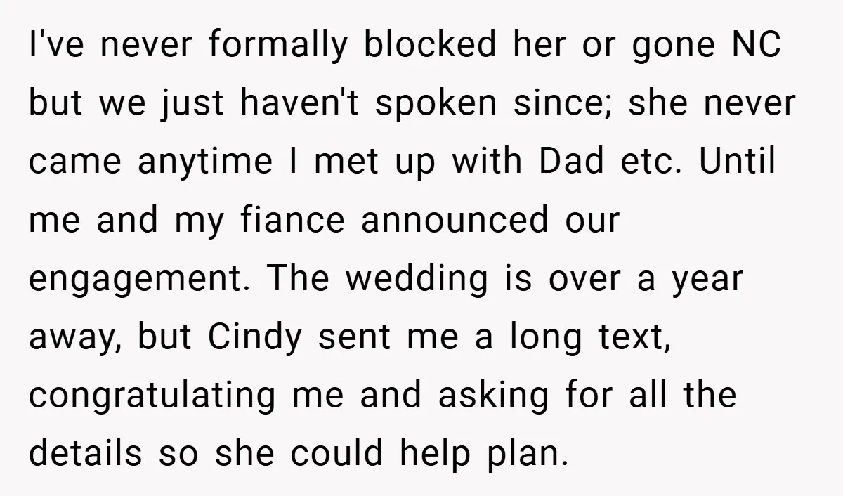 I've never formally blocked her or gone NC but we just haven't spoken since; she never came anytime I met up with Dad etc. Until me and my fiance announced...