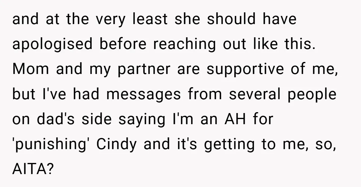 and at the very least she should have apologised before reaching out like this. Mom and my partner are supportive of me, but I've had messages from several people on...