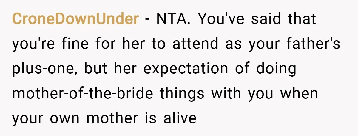 CroneDownUnder − NTA. You've said that you're fine for her to attend as your father's plus-one, but her expectation of doing mother-of-the-bride things with you when your own mother is...
