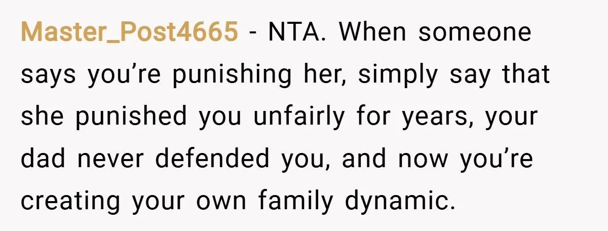 Master_Post4665 − NTA. When someone says you’re punishing her, simply say that she punished you unfairly for years, your dad never defended you, and now you’re creating your own family...