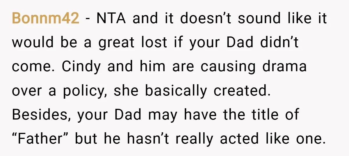 Bonnm42 − NTA and it doesn’t sound like it would be a great lost if your Dad didn’t come. Cindy and him are causing drama over a policy, she basically...