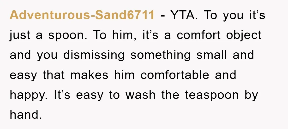 Adventurous-Sand6711 − YTA. To you it’s just a spoon. To him, it’s a comfort object and you dismissing something small and easy that makes him comfortable and happy. It’s easy...