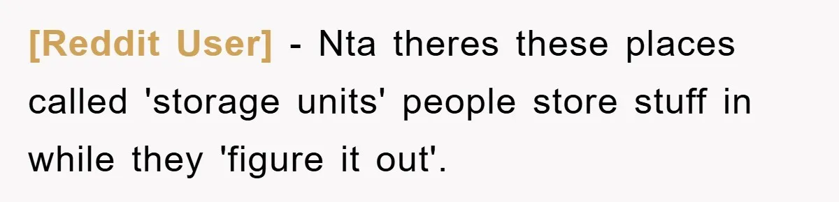 [Reddit User] − Nta theres these places called 'storage units' people store stuff in while they 'figure it out'.