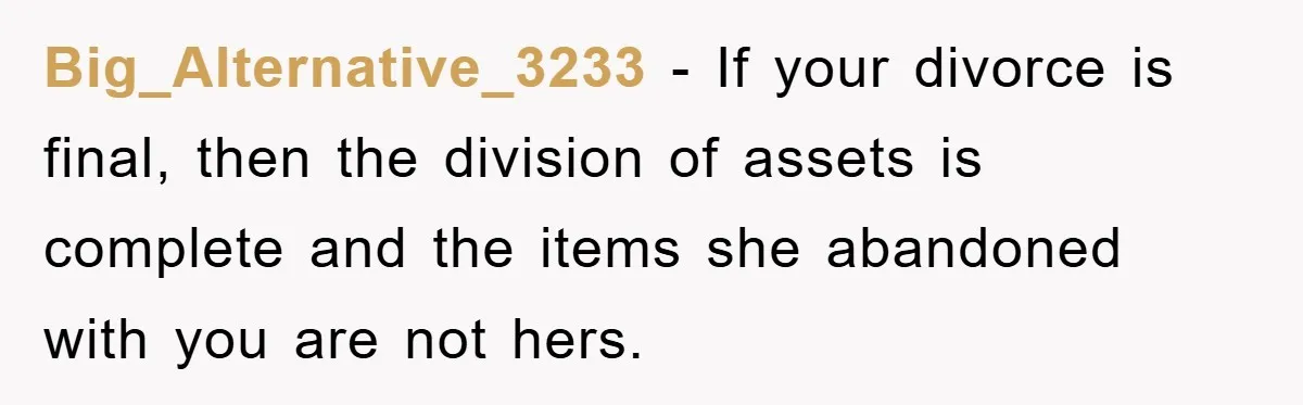 Big_Alternative_3233 − If your divorce is final, then the division of assets is complete and the items she abandoned with you are not hers.