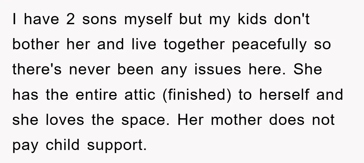 I have 2 sons myself but my kids don't bother her and live together peacefully so there's never been any issues here. She has the entire attic (finished) to herself...