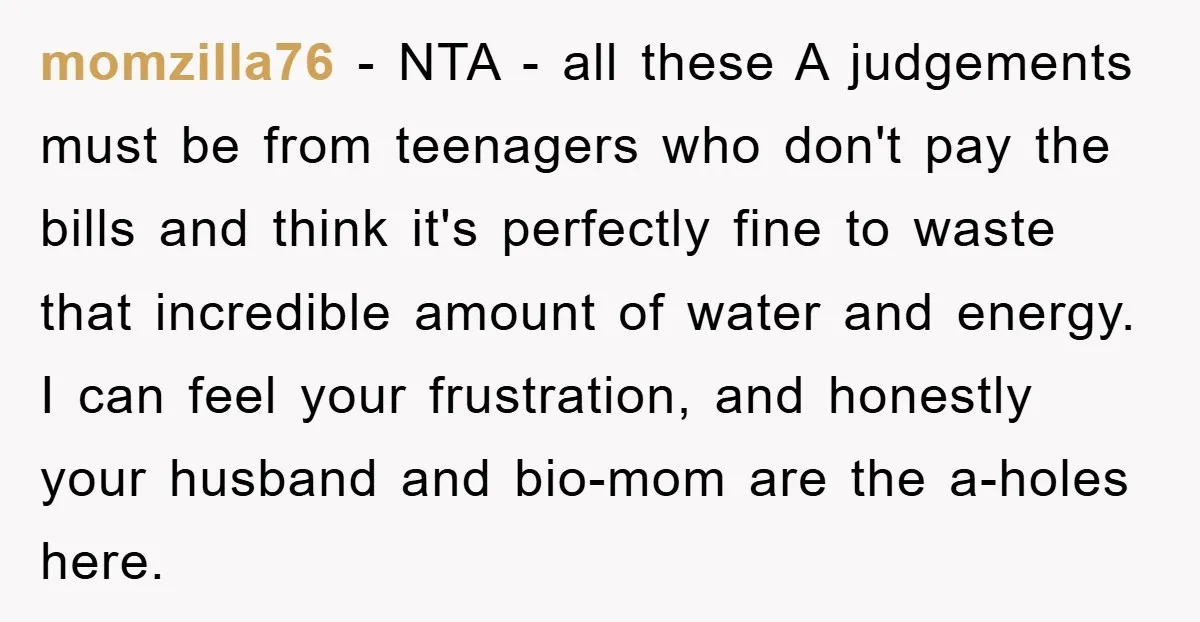 momzilla76 − NTA - all these A judgements must be from teenagers who don't pay the bills and think it's perfectly fine to waste that incredible amount of water and...