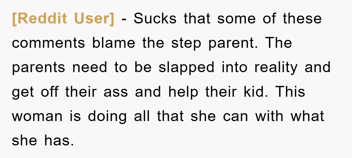 [Reddit User] − Sucks that some of these comments blame the step parent. The parents need to be slapped into reality and get off their ass and help their kid....
