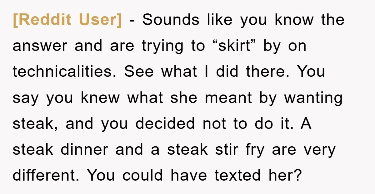[Reddit User] − Sounds like you know the answer and are trying to “skirt” by on technicalities. See what I did there. You say you knew what she meant by...