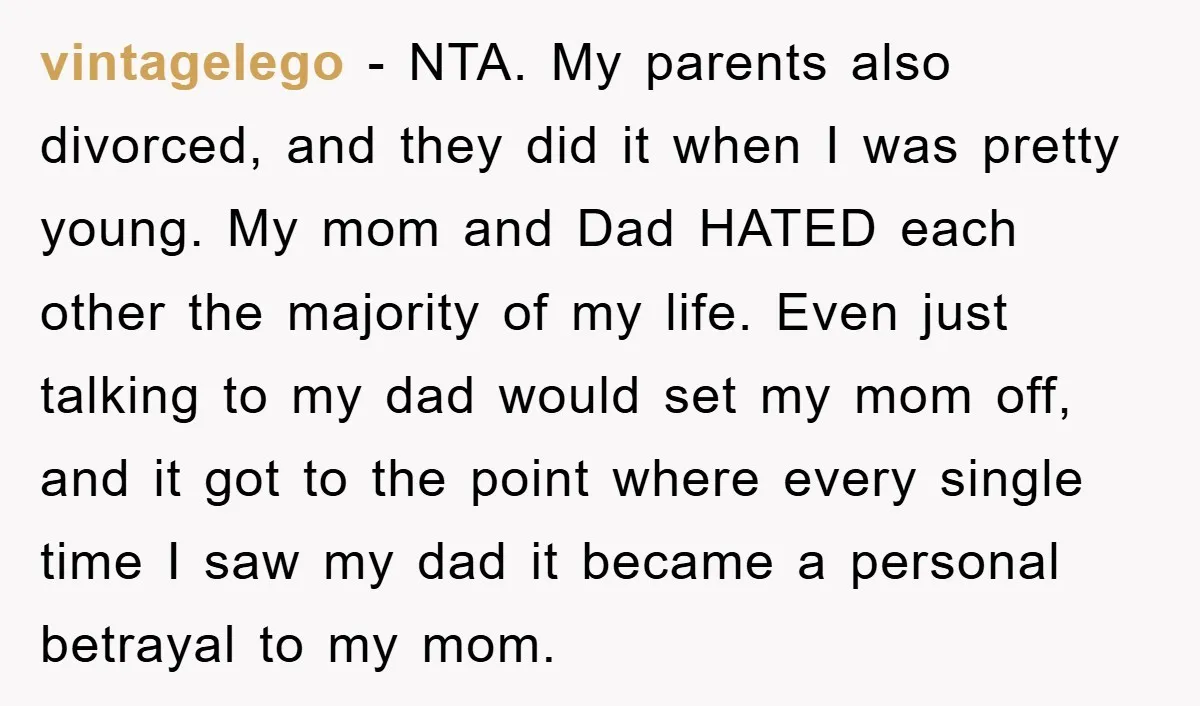 vintagelego − NTA. My parents also divorced, and they did it when I was pretty young. My mom and Dad HATED each other the majority of my life. Even just...