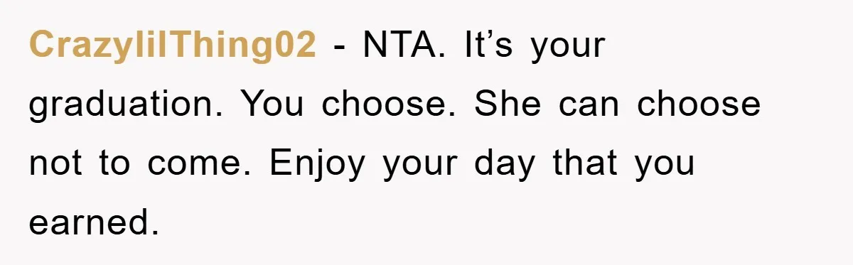 CrazylilThing02 − NTA. It’s your graduation. You choose. She can choose not to come. Enjoy your day that you earned.