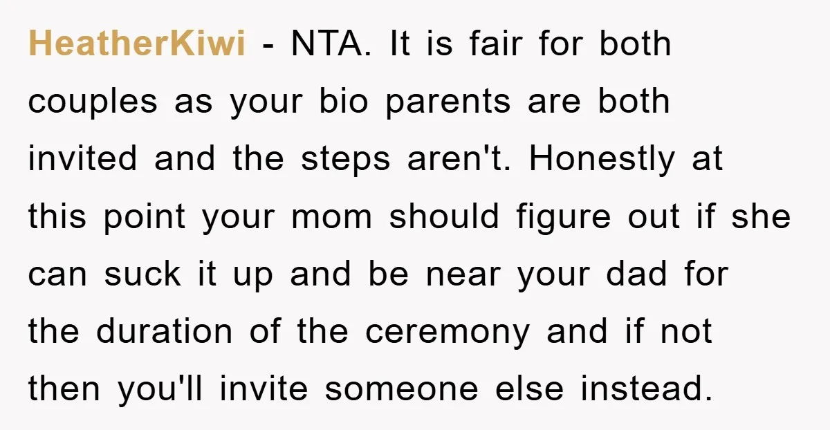 HeatherKiwi − NTA. It is fair for both couples as your bio parents are both invited and the steps aren't. Honestly at this point your mom should figure out if...