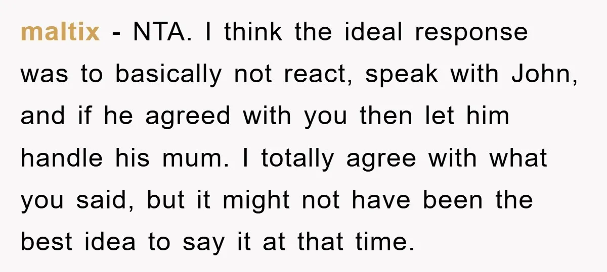 maltix − NTA. I think the ideal response was to basically not react, speak with John, and if he agreed with you then let him handle his mum. I totally...