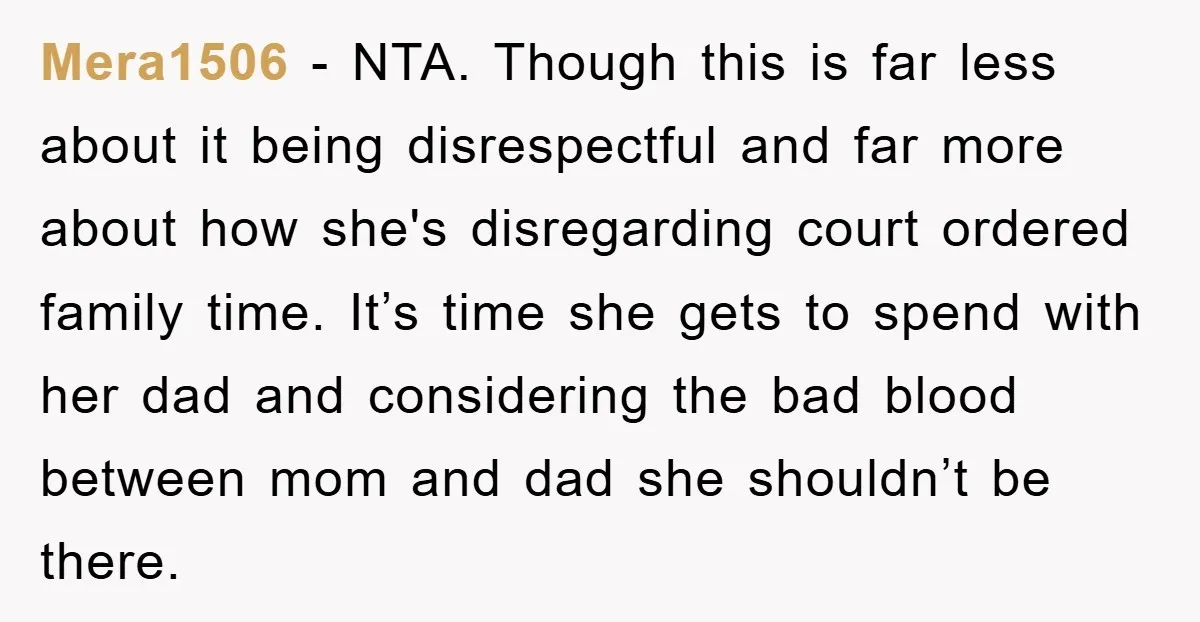 Mera1506 − NTA. Though this is far less about it being disrespectful and far more about how she's disregarding court ordered family time. It’s time she gets to spend with...
