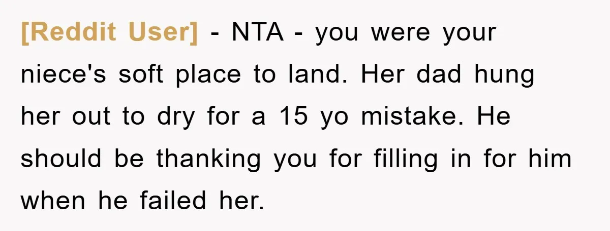 [Reddit User] − NTA - you were your niece's soft place to land. Her dad hung her out to dry for a 15 yo mistake. He should be thanking you...