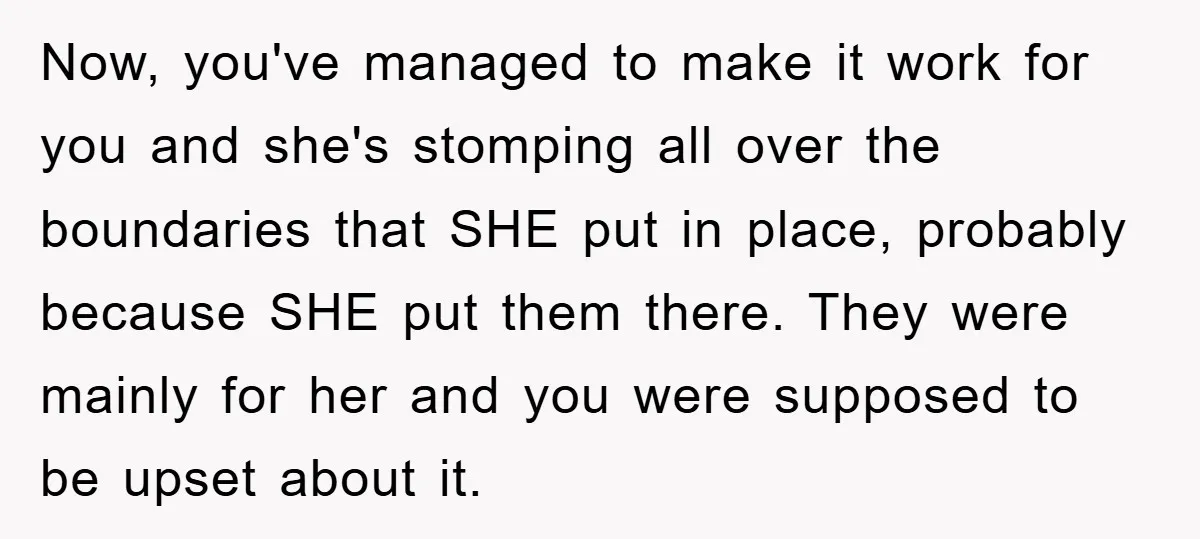 Now, you've managed to make it work for you and she's stomping all over the boundaries that SHE put in place, probably because SHE put them there. They were mainly...