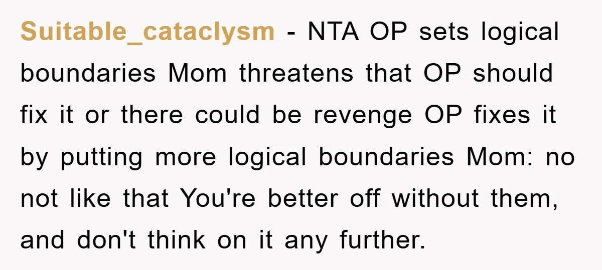 Suitable_cataclysm − NTA OP sets logical boundaries Mom threatens that OP should fix it or there could be revenge OP fixes it by putting more logical boundaries Mom: no not...