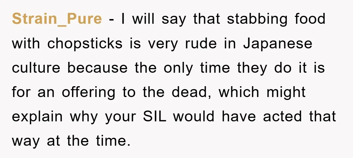Strain_Pure − I will say that stabbing food with chopsticks is very rude in Japanese culture because the only time they do it is for an offering to the dead,...