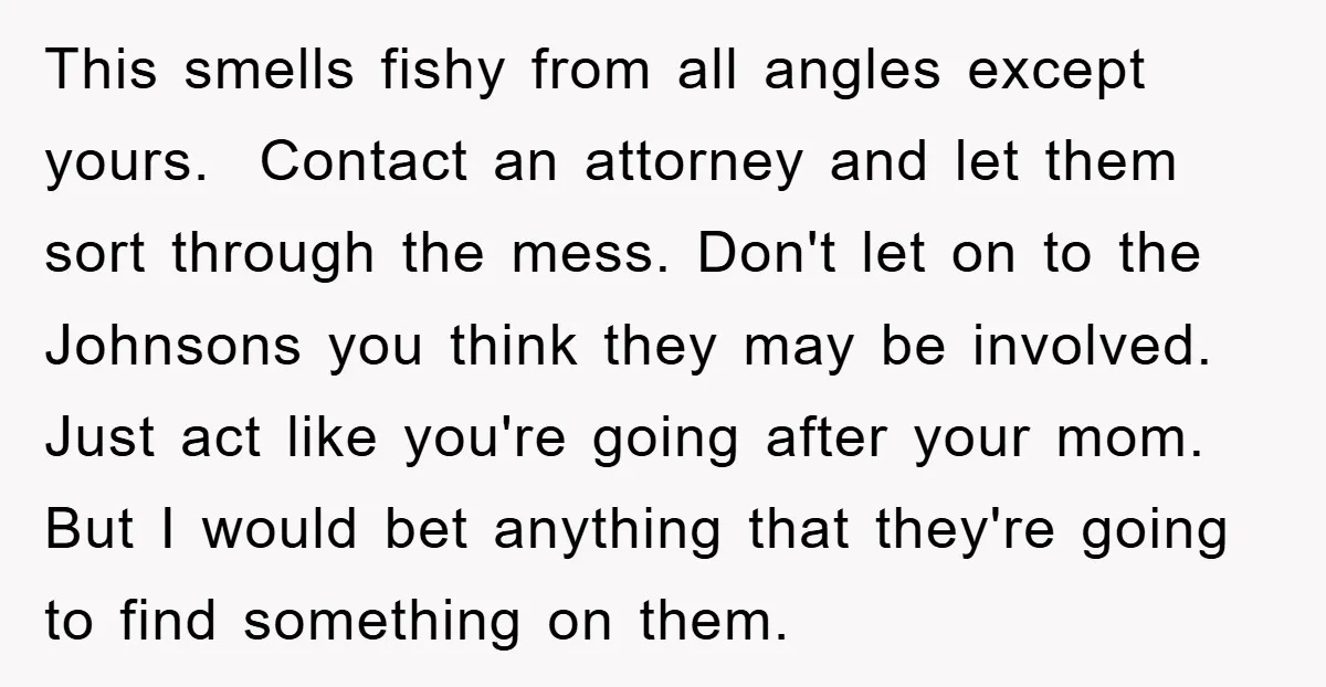 This smells fishy from all angles except yours. Contact an attorney and let them sort through the mess. Don't let on to the Johnsons you think they may be involved....