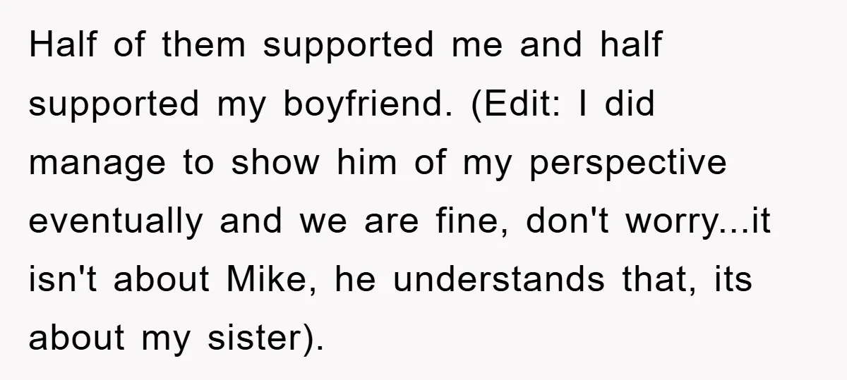 Half of them supported me and half supported my boyfriend. (Edit: I did manage to show him of my perspective eventually and we are fine, don't worry...it isn't about Mike,...