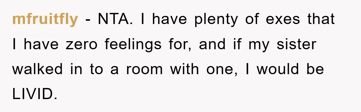 mfruitfly − NTA. I have plenty of exes that I have zero feelings for, and if my sister walked in to a room with one, I would be LIVID.