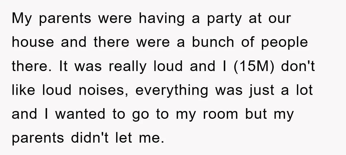 My parents were having a party at our house and there were a bunch of people there. It was really loud and I (15M) don't like loud noises, everything was...