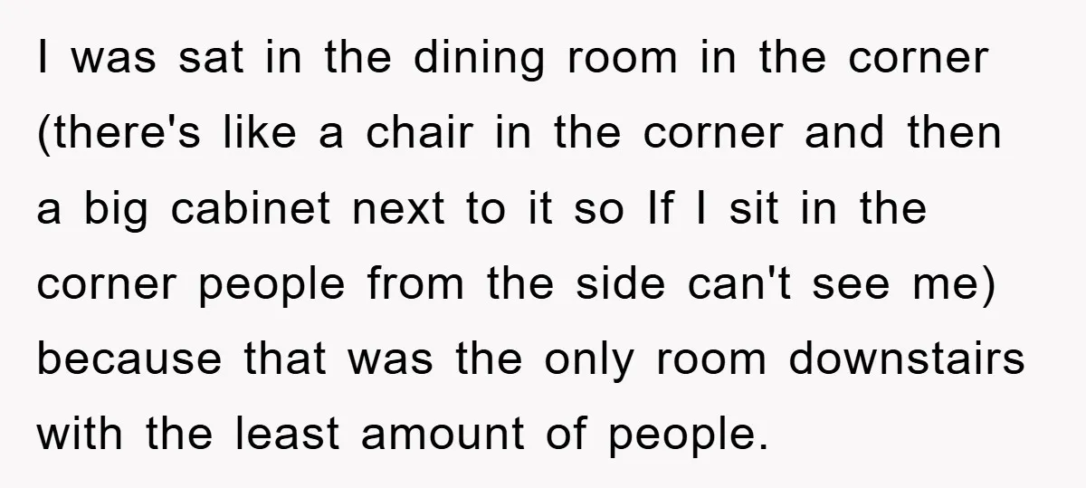 I was sat in the dining room in the corner (there's like a chair in the corner and then a big cabinet next to it so If I sit in...