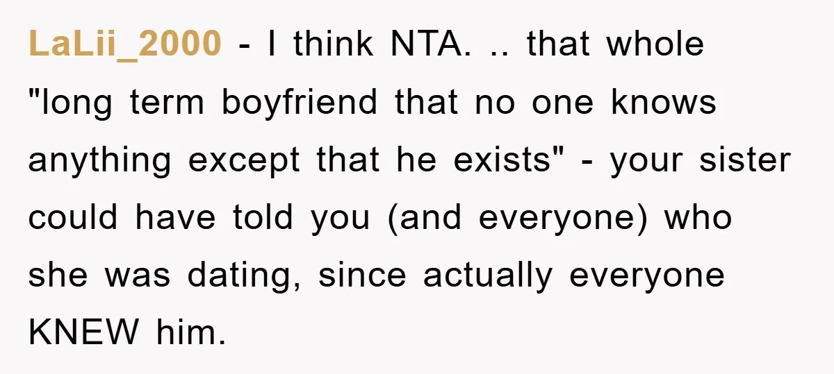 LaLii_2000 − I think NTA. .. that whole "long term boyfriend that no one knows anything except that he exists" - your sister could have told you (and everyone) who...