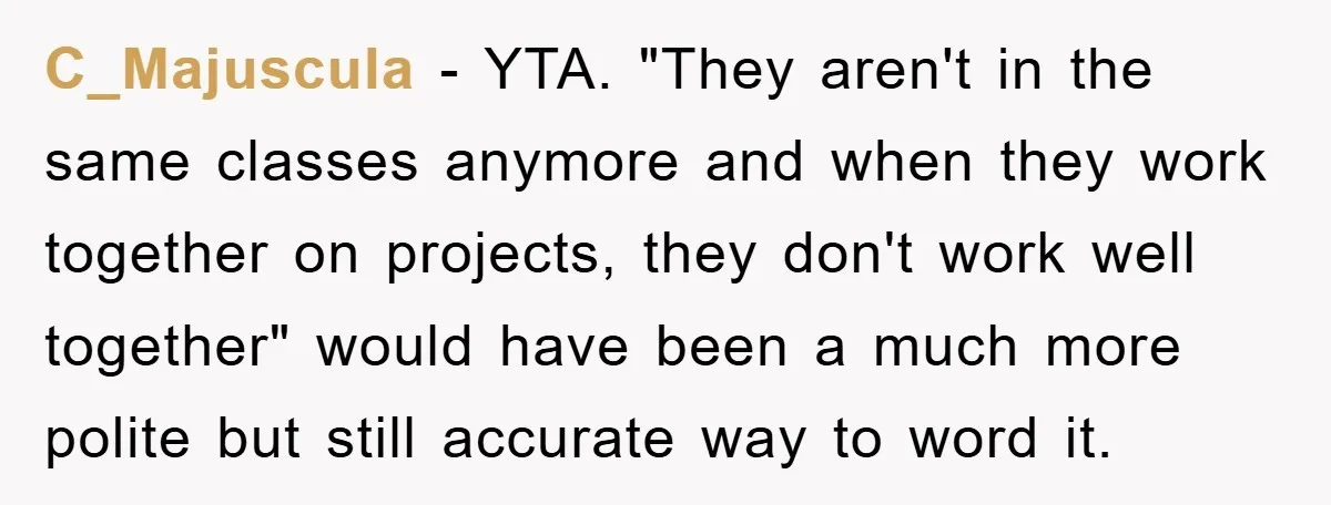 C_Majuscula − YTA. "They aren't in the same classes anymore and when they work together on projects, they don't work well together" would have been a much more polite but...