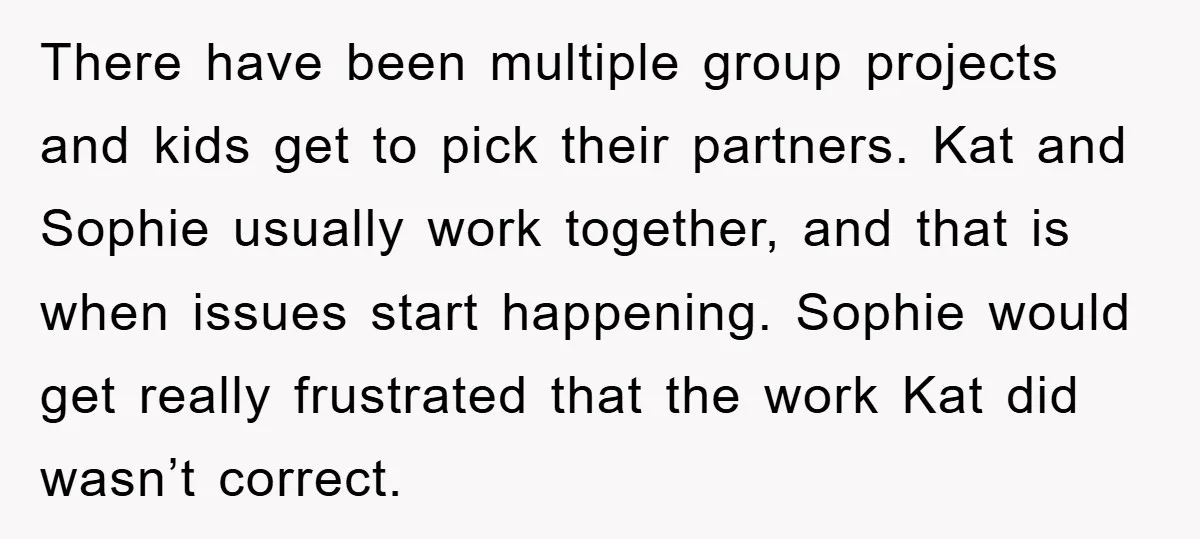 There have been multiple group projects and kids get to pick their partners. Kat and Sophie usually work together, and that is when issues start happening. Sophie would get really...