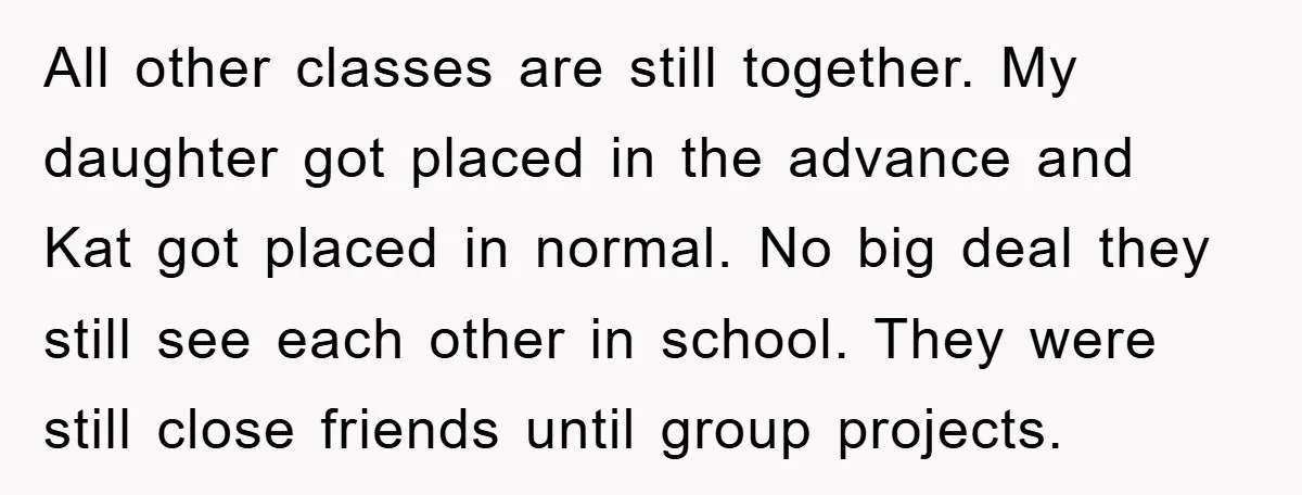 All other classes are still together. My daughter got placed in the advance and Kat got placed in normal. No big deal they still see each other in school. They...