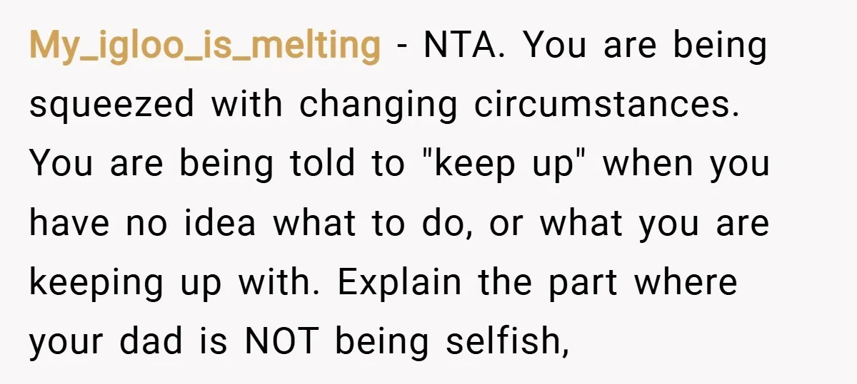 My_igloo_is_melting − NTA. You are being squeezed with changing circumstances. You are being told to "keep up" when you have no idea what to do, or what you are keeping...