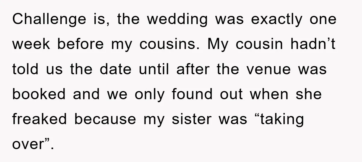 Challenge is, the wedding was exactly one week before my cousins. My cousin hadn’t told us the date until after the venue was booked and we only found out when...