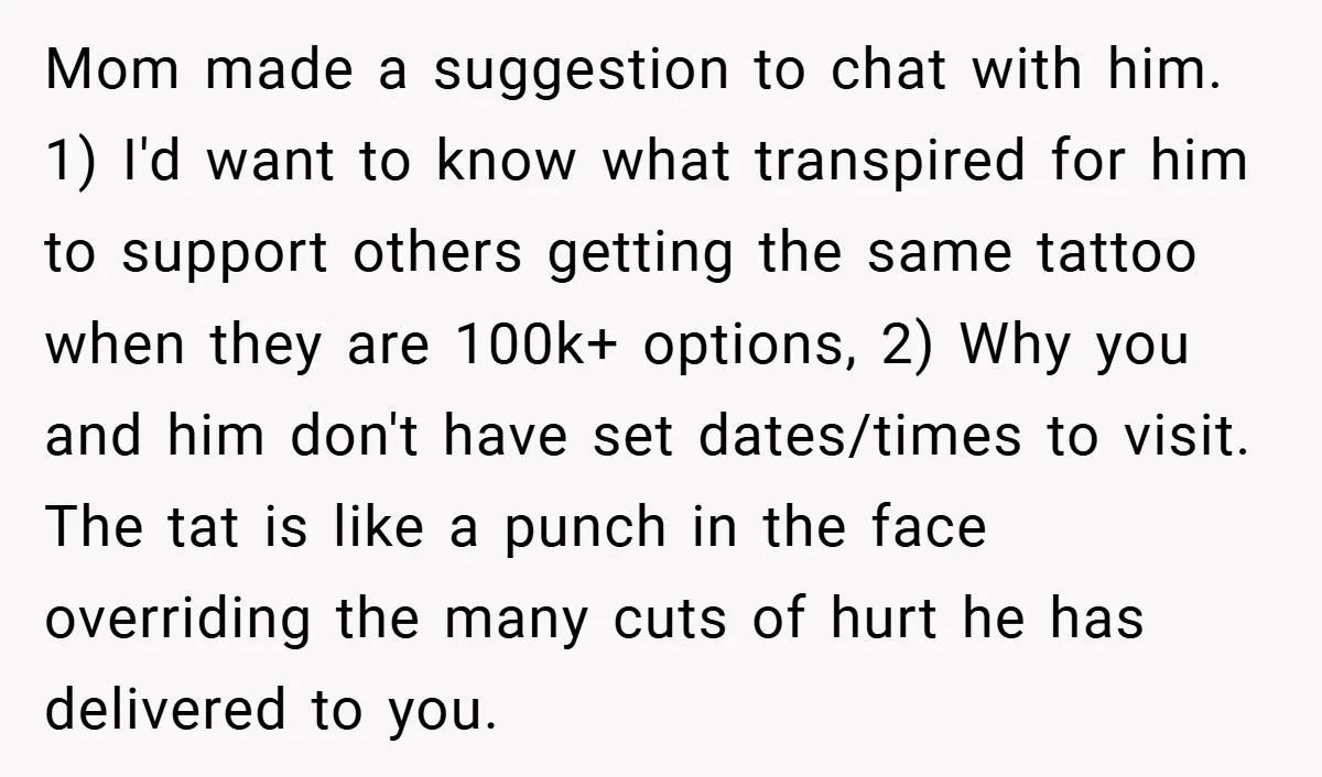 Mom made a suggestion to chat with him. 1) I'd want to know what transpired for him to support others getting the same tattoo when they are 100k+ options, 2)...