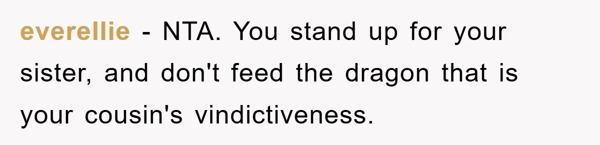 everellie − NTA. You stand up for your sister, and don't feed the dragon that is your cousin's vindictiveness.