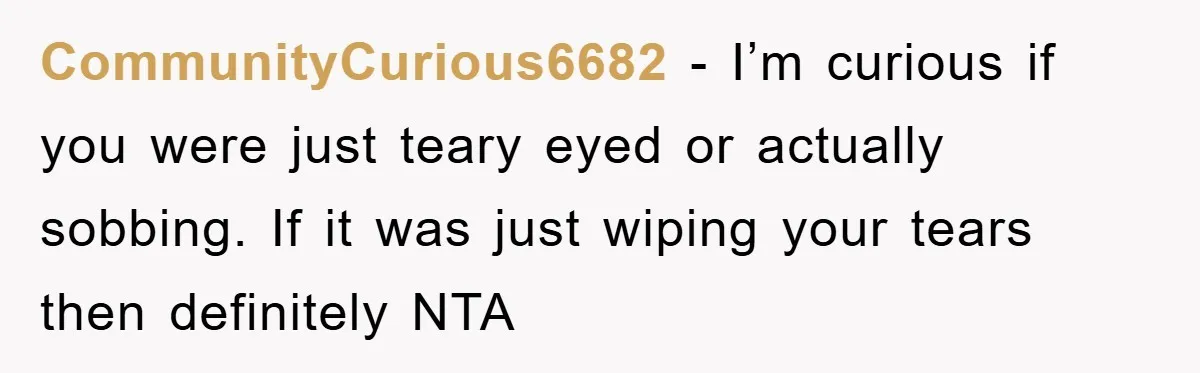 CommunityCurious6682 − I’m curious if you were just teary eyed or actually sobbing. If it was just wiping your tears then definitely NTA