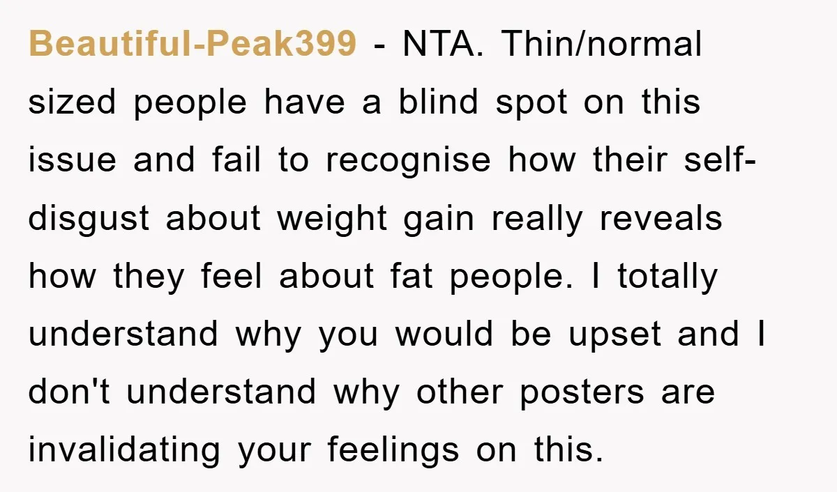 Beautiful-Peak399 − NTA. Thin/normal sized people have a blind spot on this issue and fail to recognise how their self-disgust about weight gain really reveals how they feel about fat...