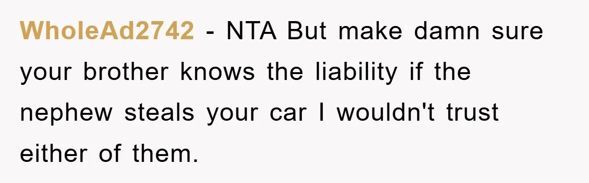 WholeAd2742 − NTA But make damn sure your brother knows the liability if the nephew steals your car I wouldn't trust either of them.