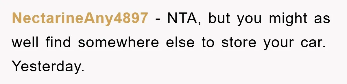 NectarineAny4897 − NTA, but you might as well find somewhere else to store your car. Yesterday.