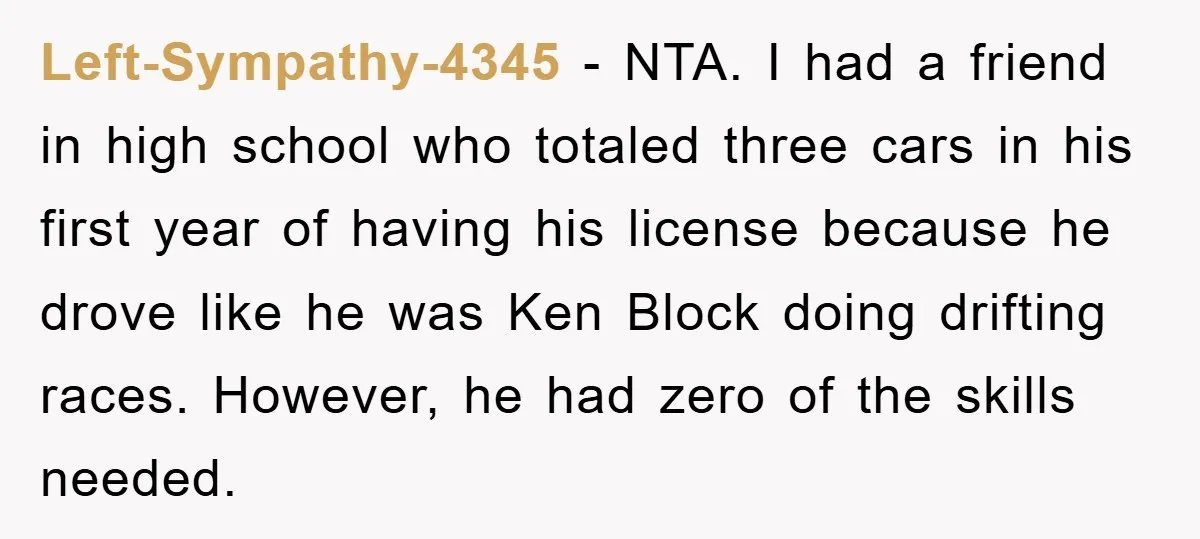 Left-Sympathy-4345 − NTA. I had a friend in high school who totaled three cars in his first year of having his license because he drove like he was Ken Block...