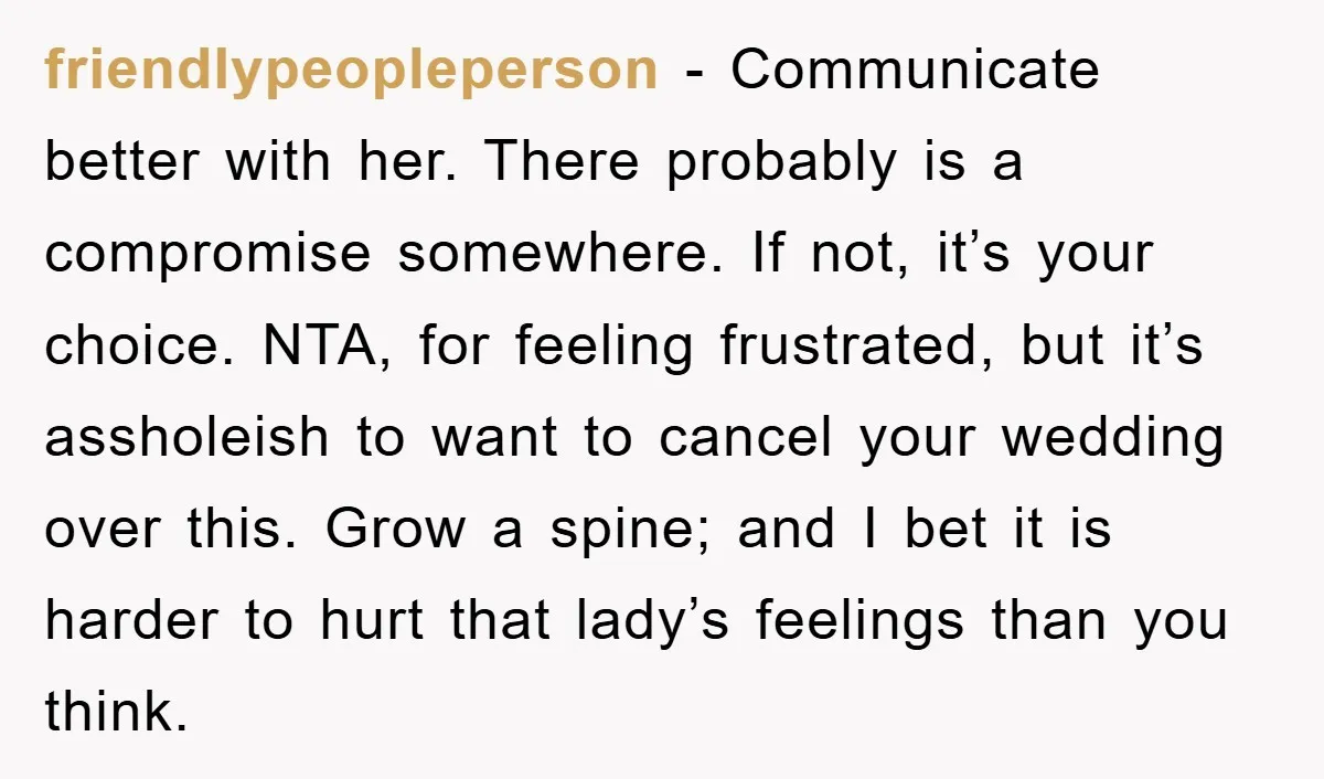 friendlypeopleperson − Communicate better with her. There probably is a compromise somewhere. If not, it’s your choice. NTA, for feeling frustrated, but it’s assholeish to want to cancel your wedding...