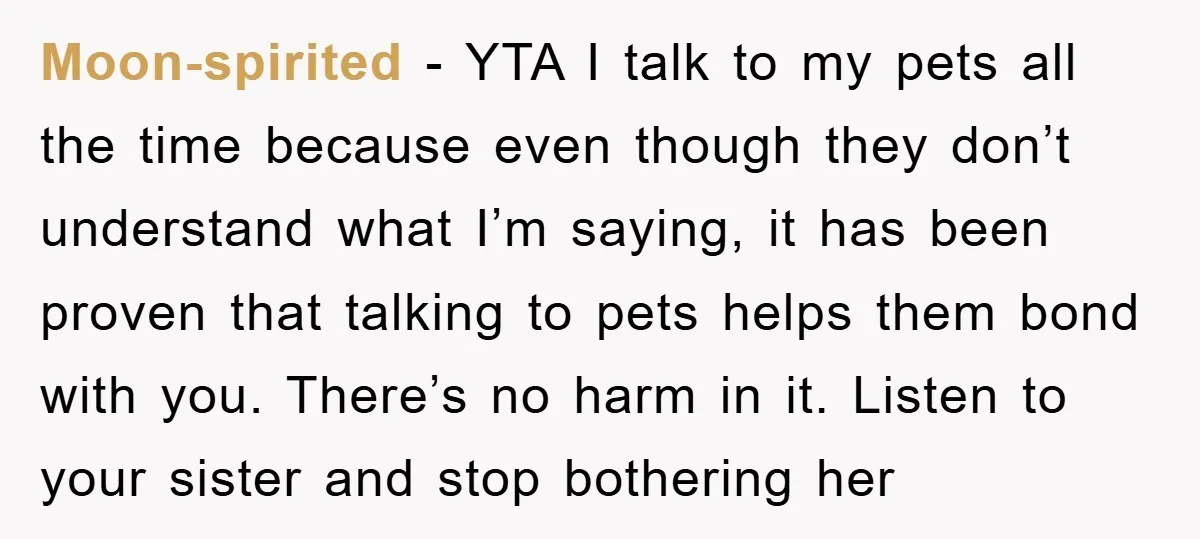 Moon-spirited − YTA I talk to my pets all the time because even though they don’t understand what I’m saying, it has been proven that talking to pets helps them...