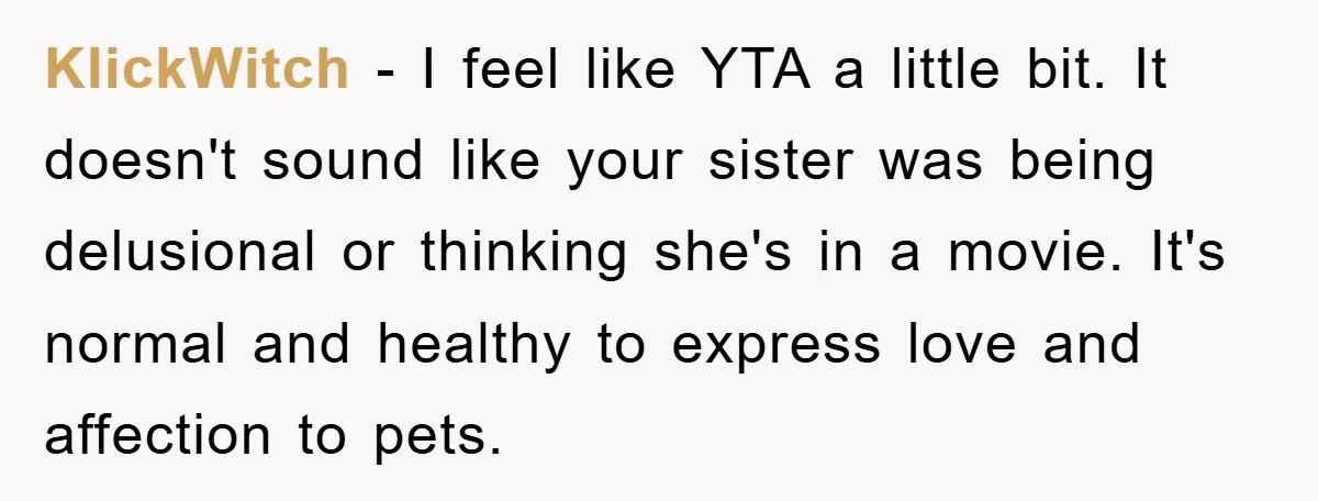 KlickWitch − I feel like YTA a little bit. It doesn't sound like your sister was being delusional or thinking she's in a movie. It's normal and healthy to express...