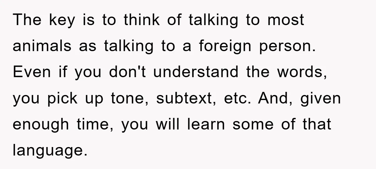 The key is to think of talking to most animals as talking to a foreign person. Even if you don't understand the words, you pick up tone, subtext, etc. And,...