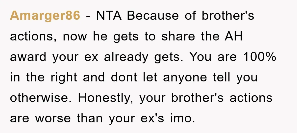 Amarger86 − NTA Because of brother's actions, now he gets to share the AH award your ex already gets. You are 100% in the right and dont let anyone tell...
