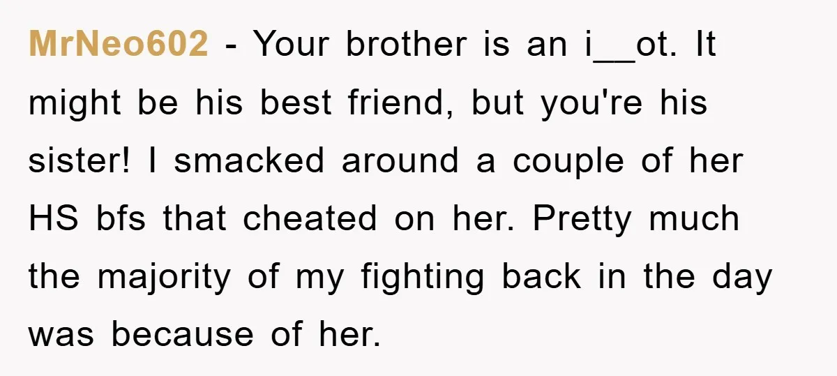 MrNeo602 − Your brother is an i__ot. It might be his best friend, but you're his sister! I smacked around a couple of her HS bfs that cheated on her....