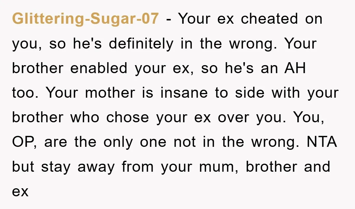 Glittering-Sugar-07 − Your ex cheated on you, so he's definitely in the wrong. Your brother enabled your ex, so he's an AH too. Your mother is insane to side with...