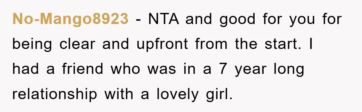 No-Mango8923 − NTA and good for you for being clear and upfront from the start. I had a friend who was in a 7 year long relationship with a lovely...
