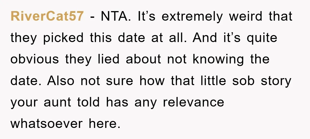 RiverCat57 − NTA. It’s extremely weird that they picked this date at all. And it’s quite obvious they lied about not knowing the date. Also not sure how that little...