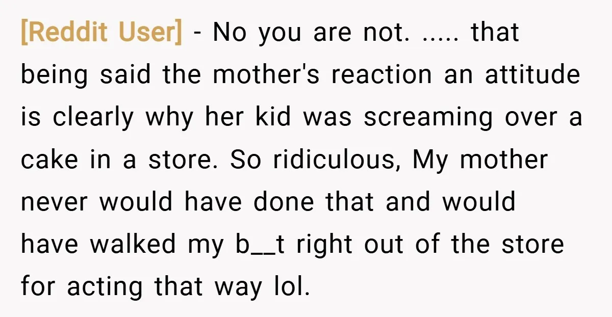 [Reddit User] − No you are not. ..... that being said the mother's reaction an attitude is clearly why her kid was screaming over a cake in a store. So...