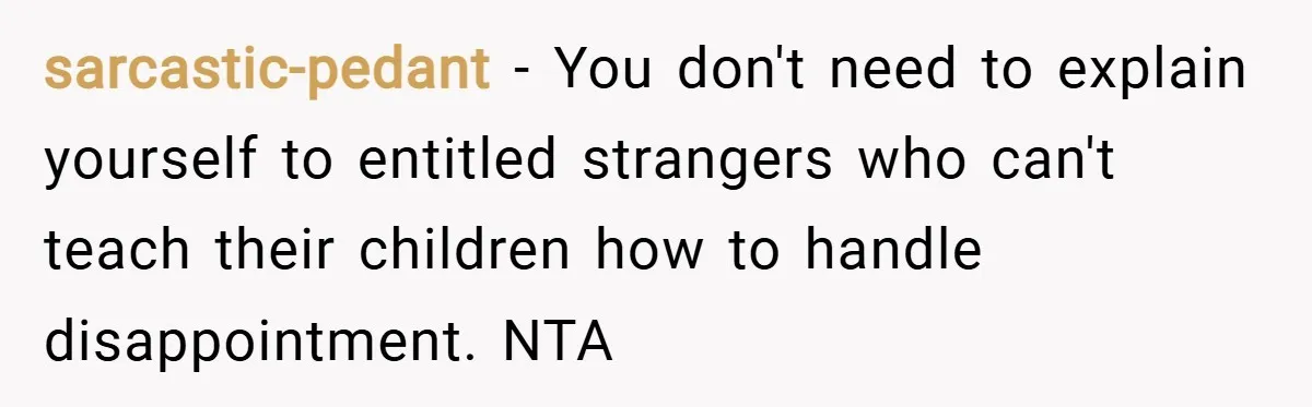 sarcastic-pedant − You don't need to explain yourself to entitled strangers who can't teach their children how to handle disappointment. NTA